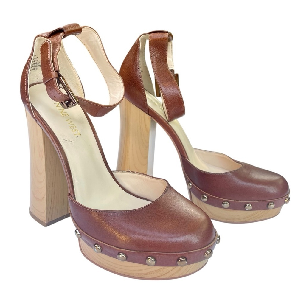Nine West Brown Studded Leather Platforms 7M Boho Chic 70s Hippie Gipsy Vibes - Picture 2 of 16